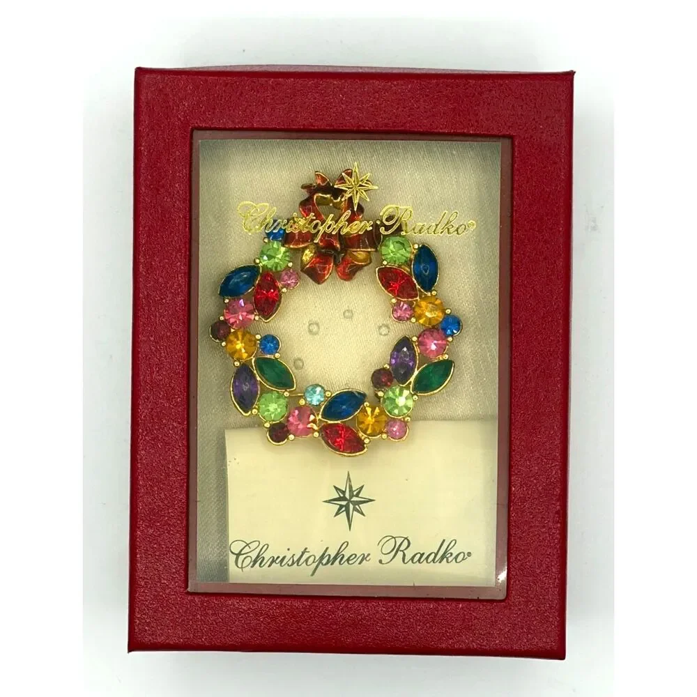 Vintage Christopher Radko Rhinestone Enamel Christmas Wreath Brooch NIB